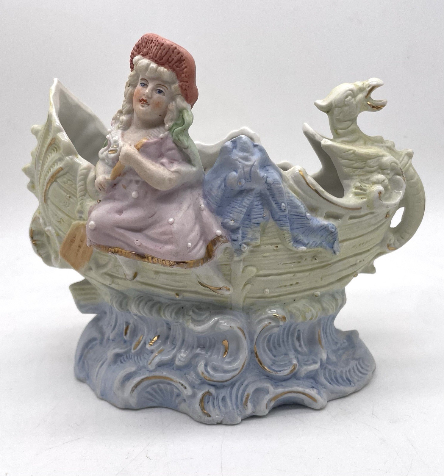 Antique Polychrome Porcelain Bisque Victorian Lady Dragon Ship Vide Poche Style