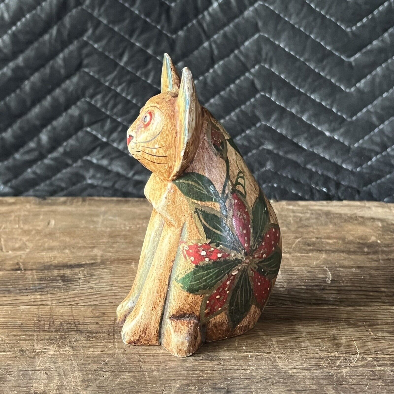 Unusual Antique Hand Painted Wood Folk Art Sculpture Cat With Flowers And Leaves