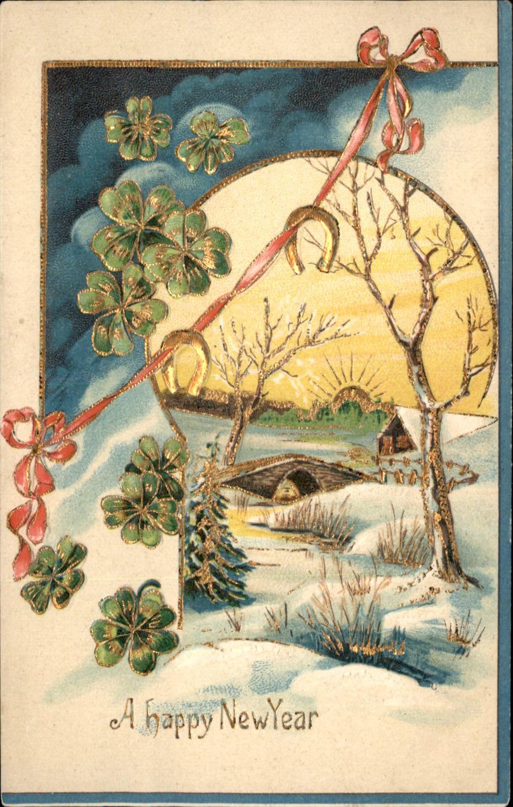 New Year's Shamrock Winter Landscape Winter Scene c1900s-10s Vintage Postcard