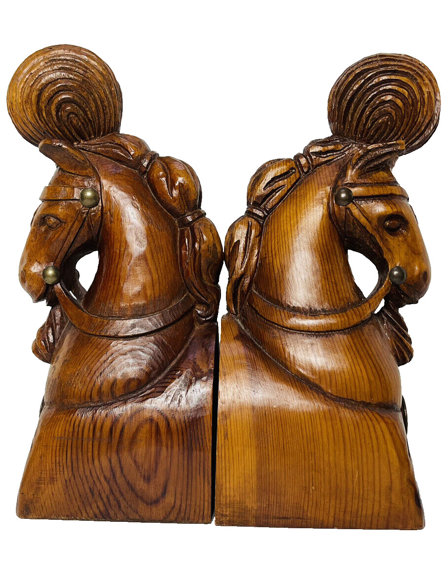 Horse Head Book Ends Vintage Solid Wood Hand Carved Show Ponies Large 16-in Tall