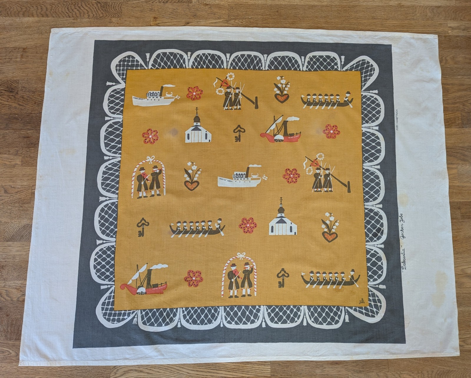 Vintage Gocken Jobs  Fabric Dalecarlia Sweden Scandi Handtryck light stains