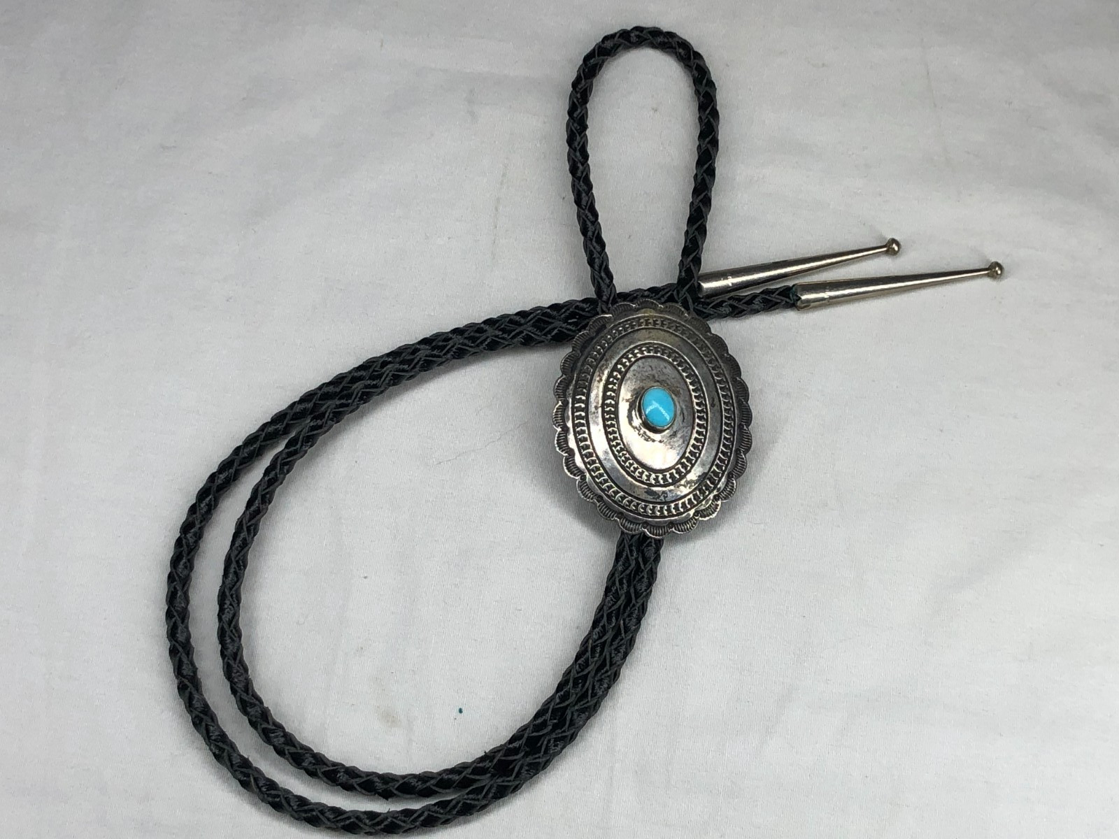 VINTAGE NAVAJO CONCHO STYLE STERLING SILVER & TURQUOISE BOLO TIE BY HARRIS JOE