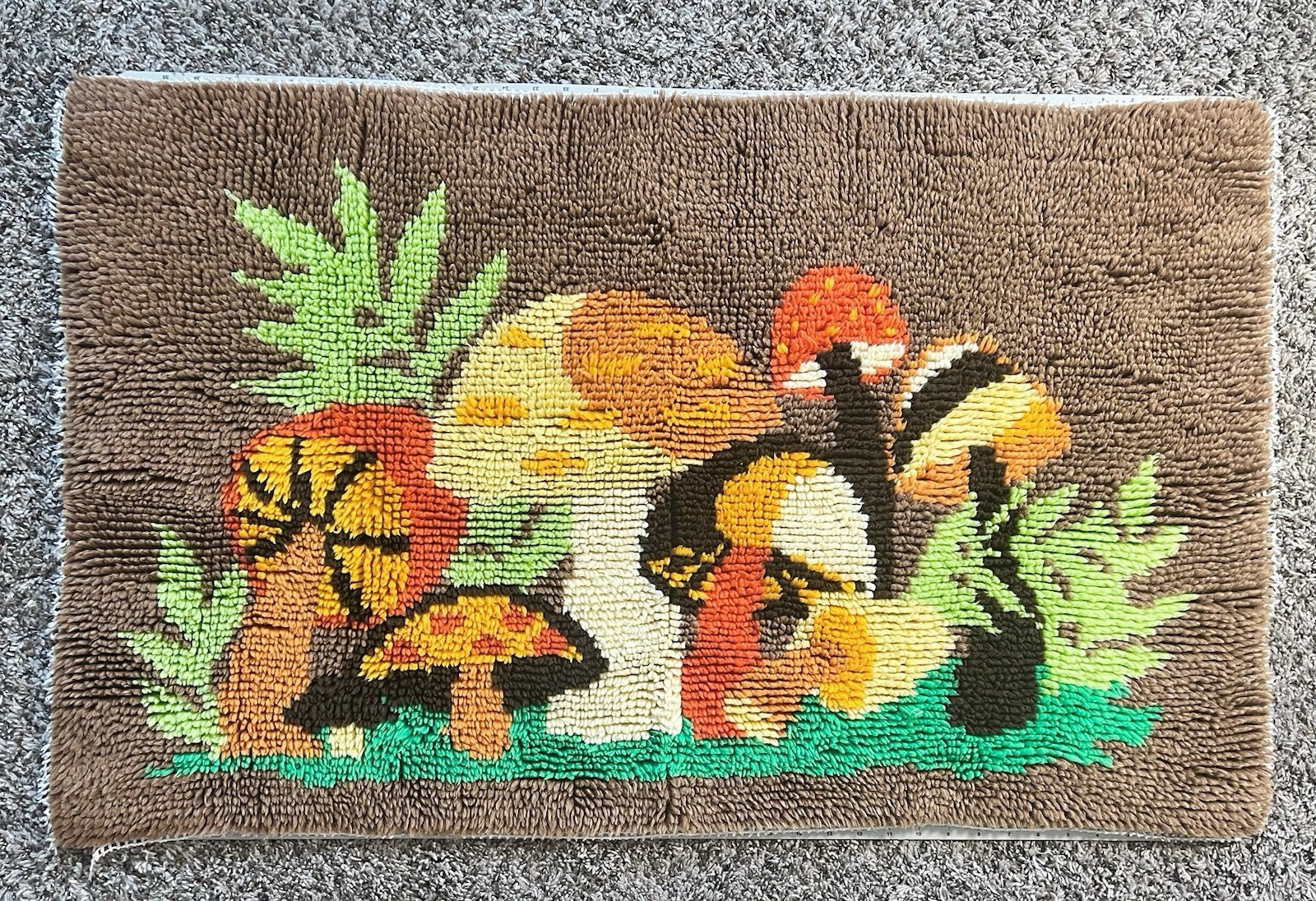 Mushroom Latch Hook Wall Hanging Art Or Rug vintage 70s MID CENTURY 39”x 25”