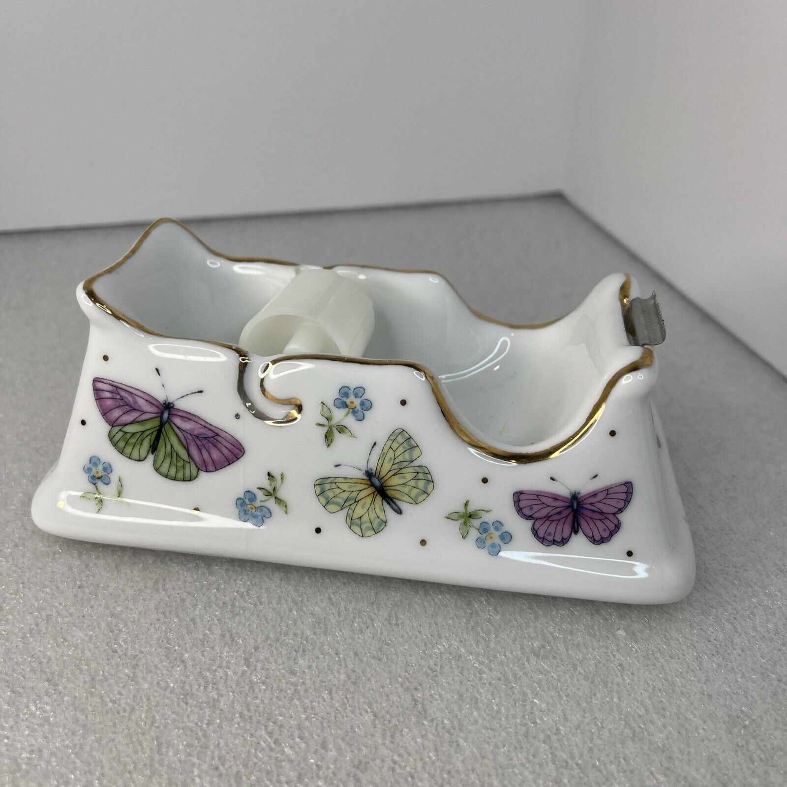 Vintage Ceramic Butterflies And Floral Tape Dispenser Gold Trim