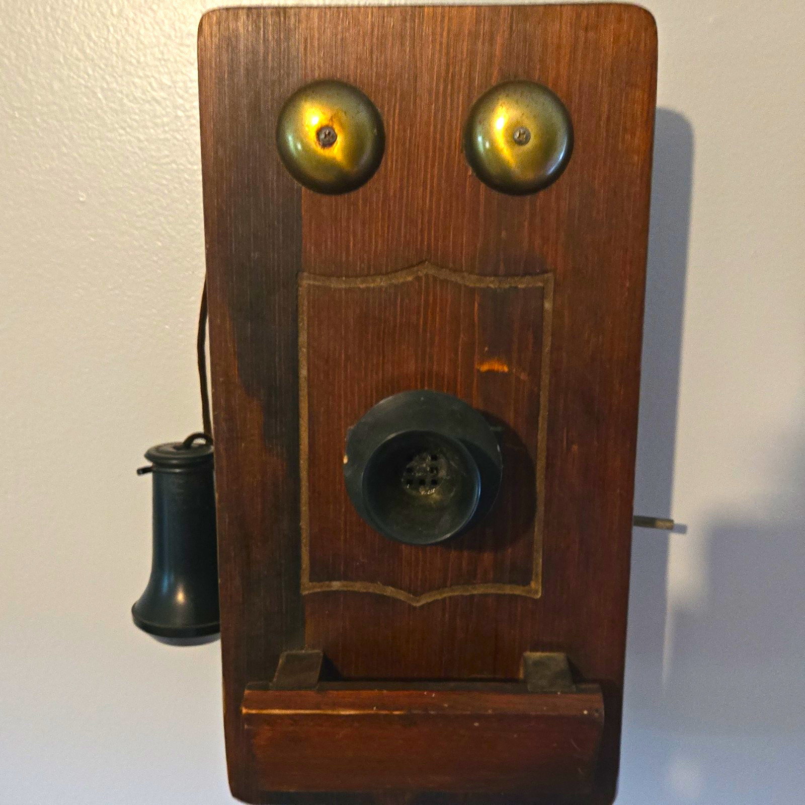 Pre-1940 Vintage Wood Wall-Mount Crank Telephone, Side Receiver, Brass Bells Pre-1940 Vintage Wood Wall-Mount Crank Telephone, Side Receiver, Brass Bells