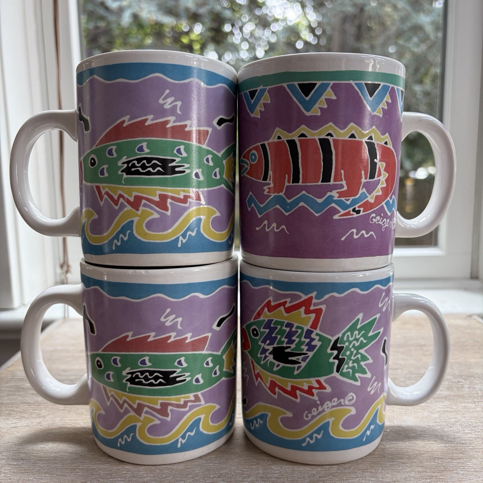 Judith Geiger Chaleur Mugs Set Of 4 Lizard Fish 1987 Vintage Colorful Art Artist