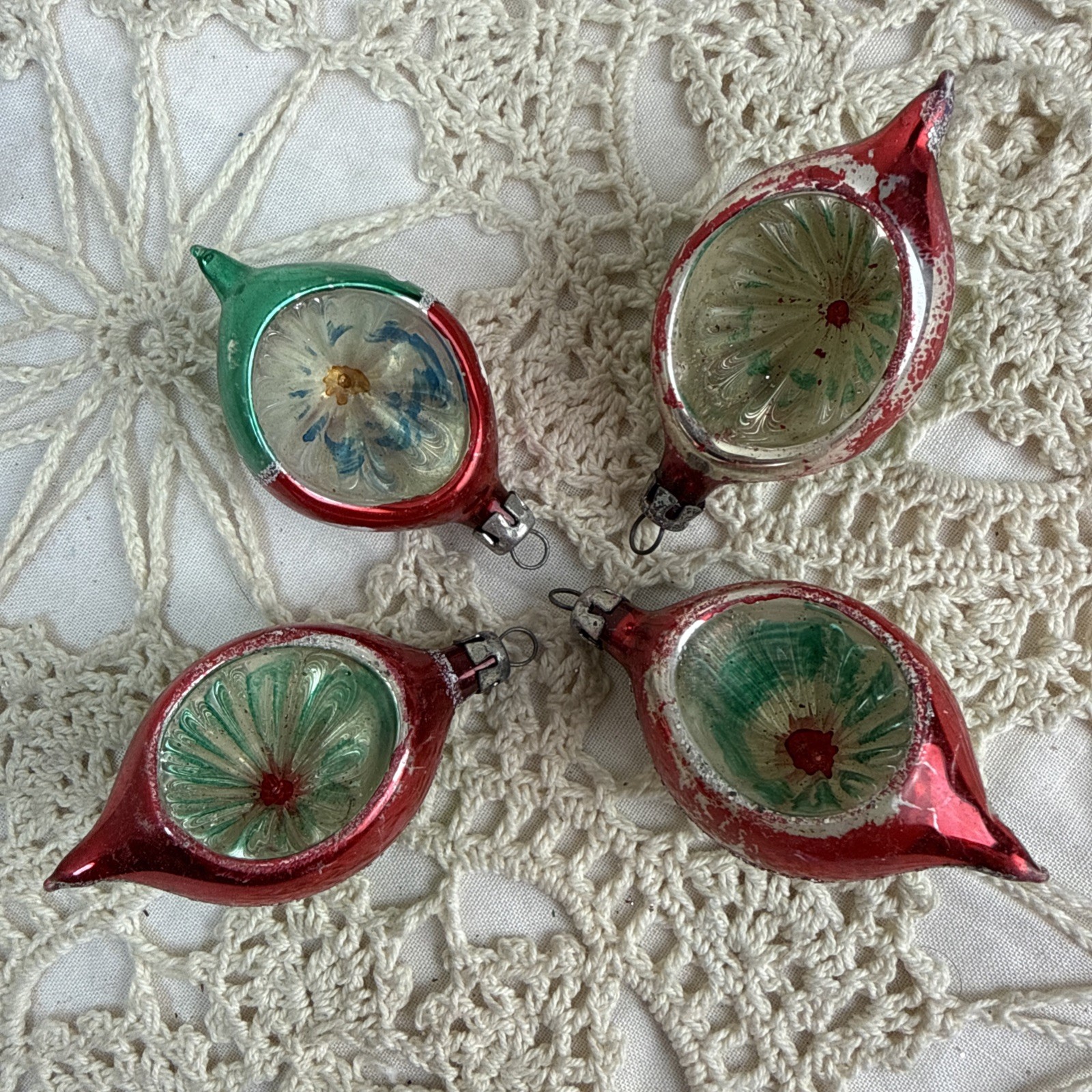 4 Vtg Glass Indent Reflector Christmas Ornaments Poland  2.5”