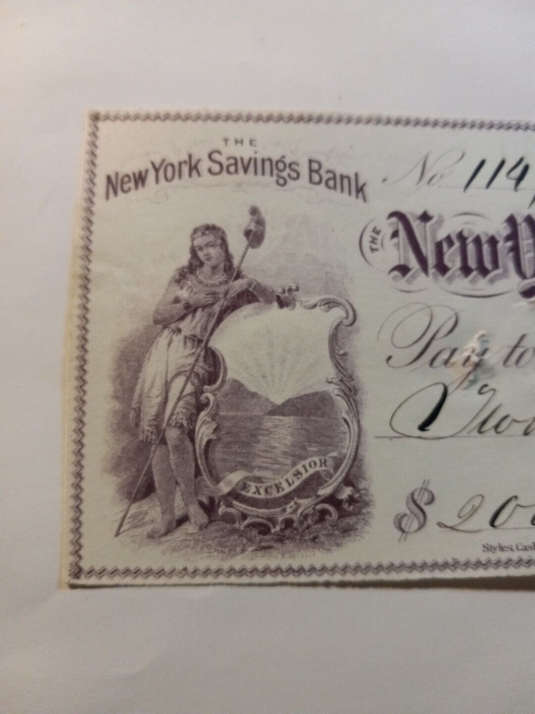 1868 NEW YORK COUNTY NATIONAL BANK $2000 CHECK w UNCANCELLED REVENUE STAMP  DO1