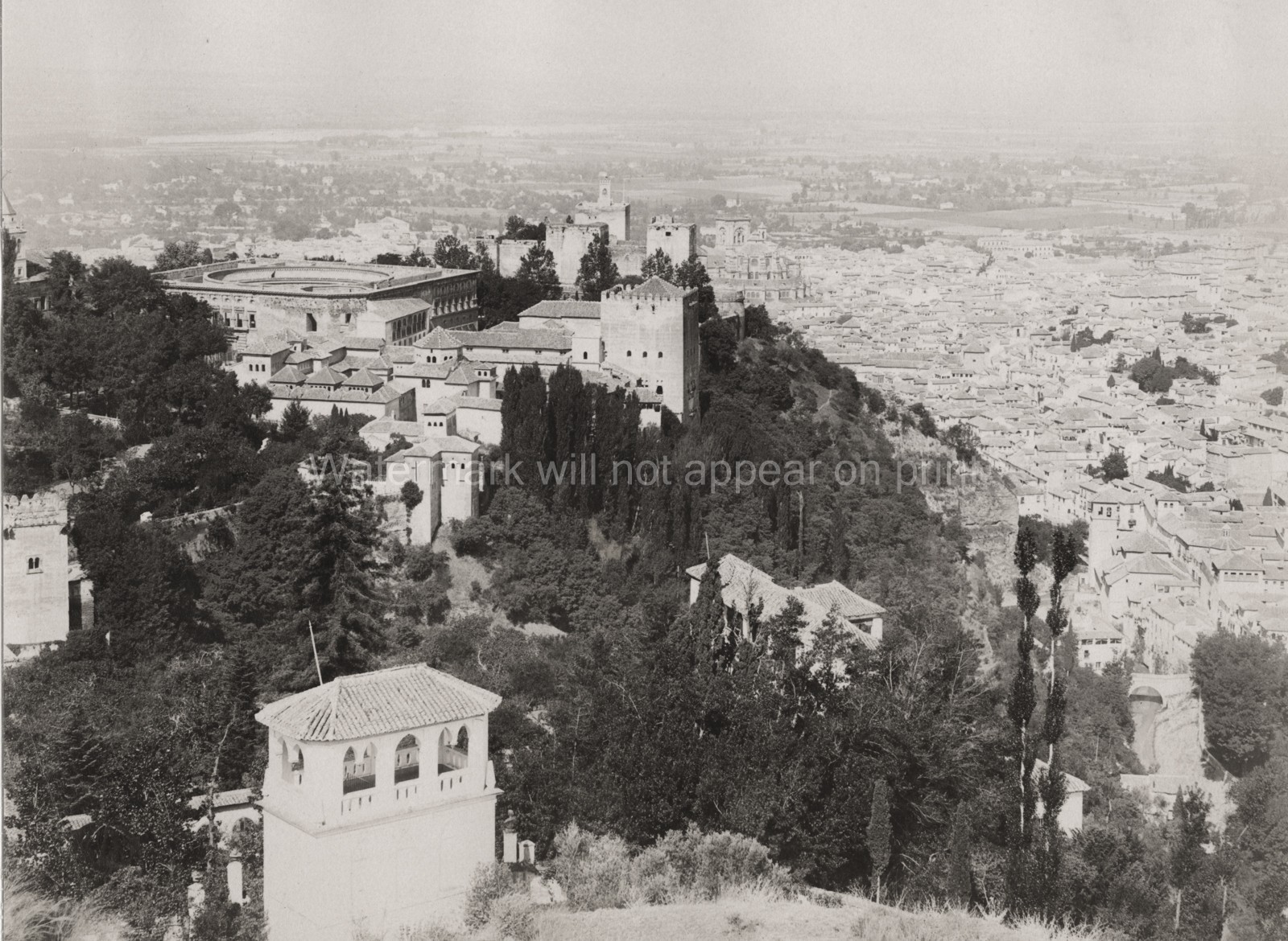 Granada Spain Alhambra Palace Cityscape Hilltop Fortress View Vtg. Photo 19thC.