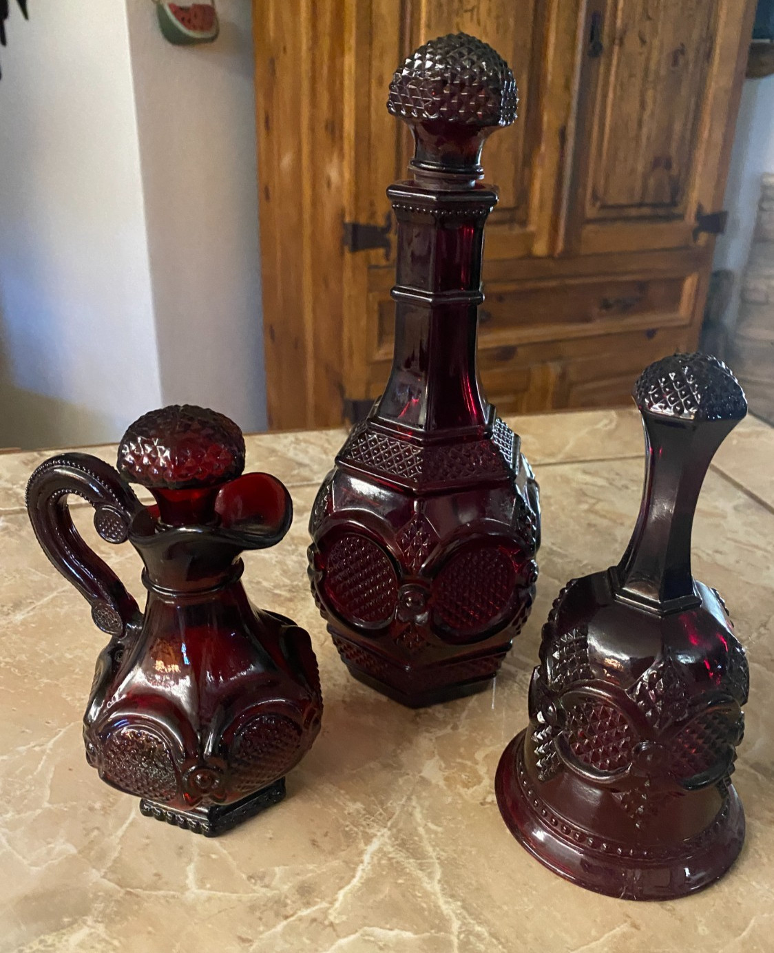 Avon, vintage ruby red 1876 Cape Cod - decanter, hostess bell, vinegar - 3 pcs