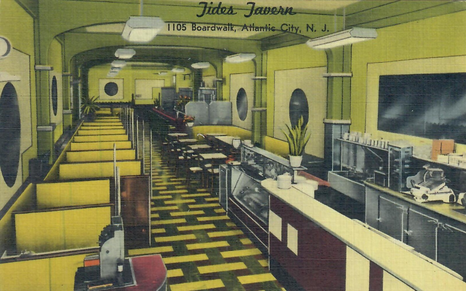 Linen Postcard Interior View Tides Tavern Boardwalk  Atlantic City NJ New Jersey
