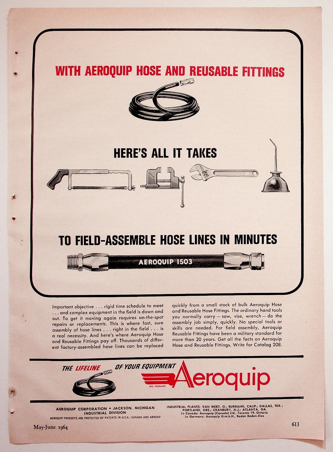 Aeroquip Vintage 1964 Magazine Ad Hose Fittings Tools Industrial Print Aeroquip Vintage 1964 Magazine Ad Hose Fittings Tools Industrial Print