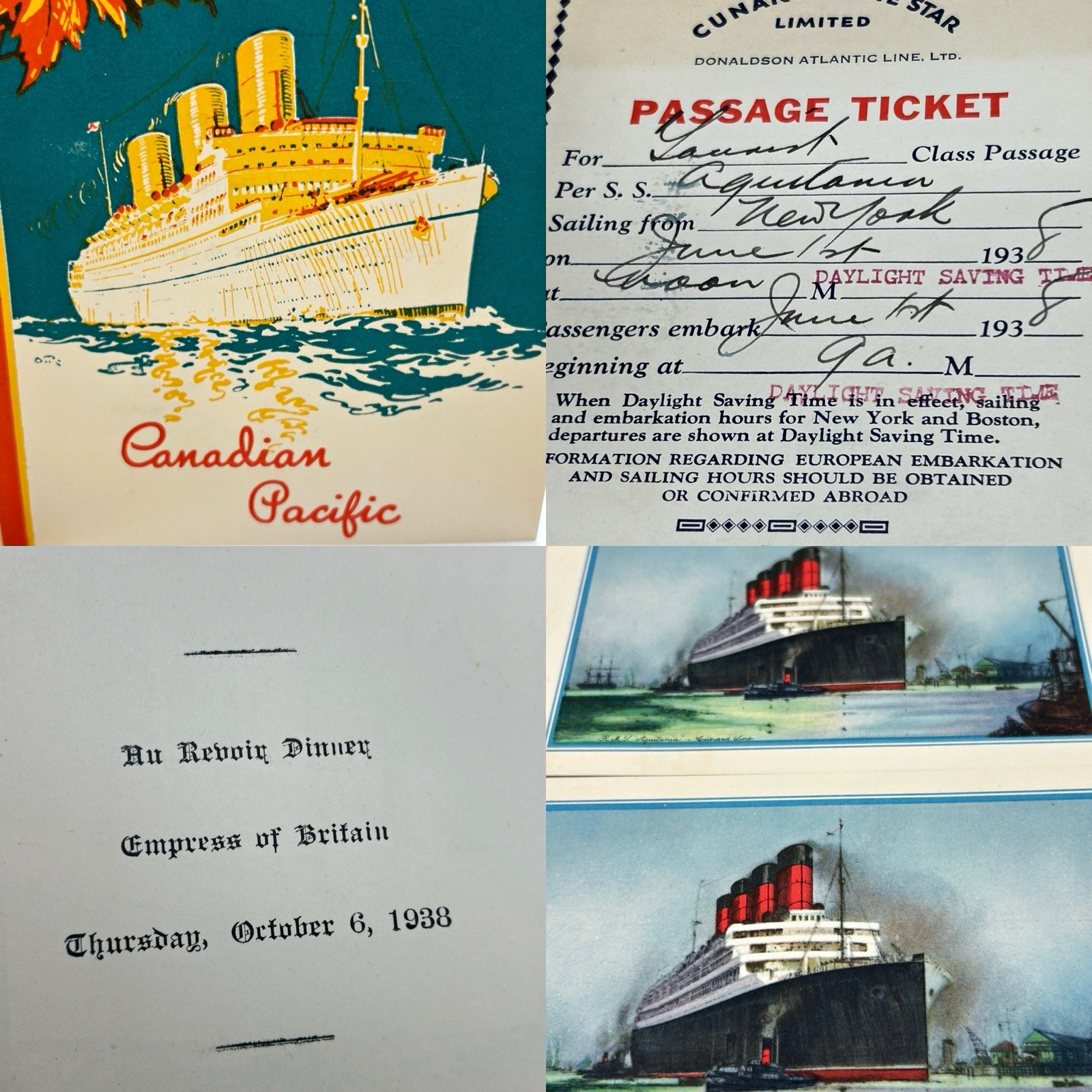 Ephemera Southampton Auquitania  Cunard White Star Canadian Pacific 