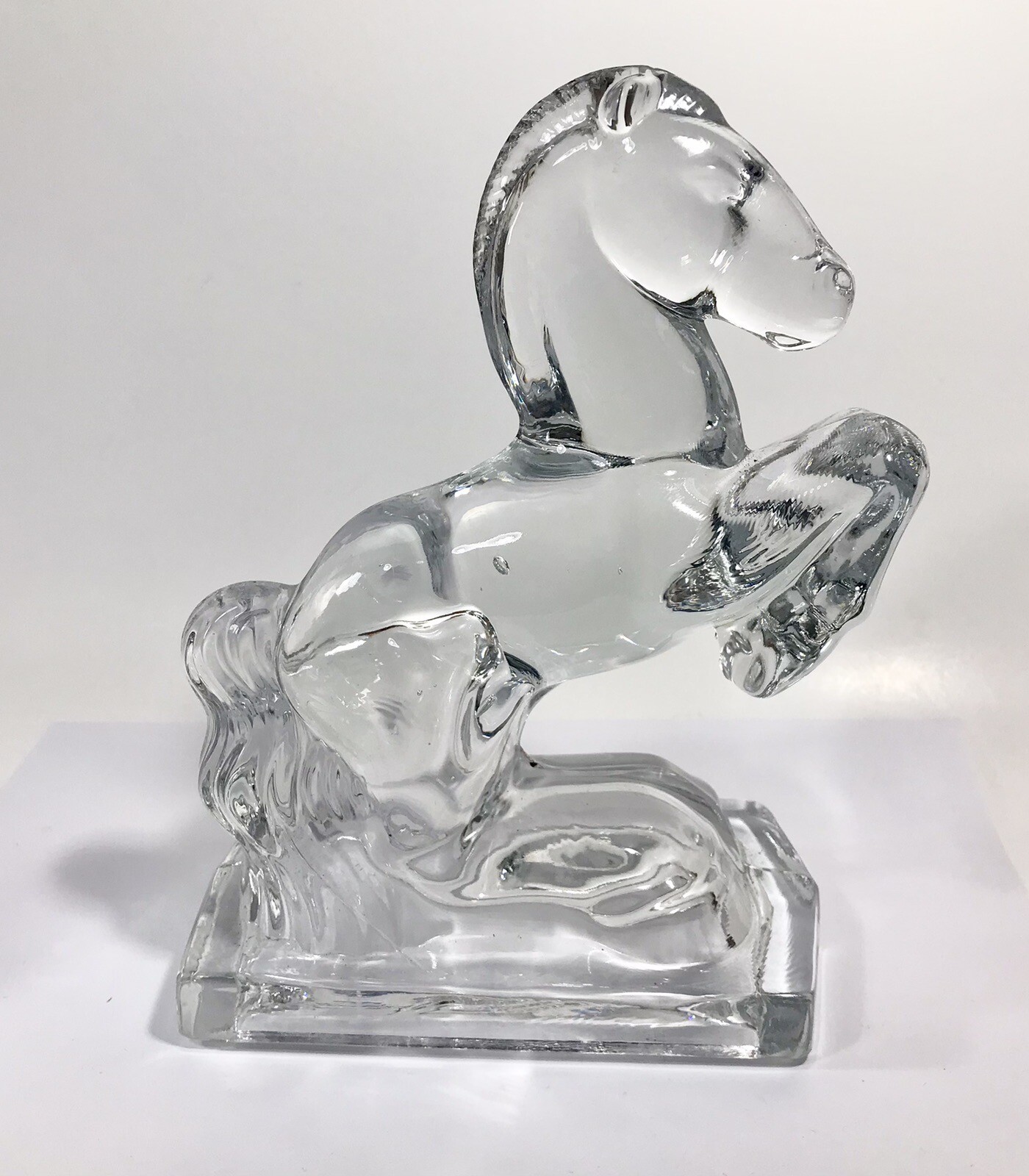 New Martinsville Horse Bookend Clear Glass Single Rearing 7.5” 2.8 Lb Vintage
