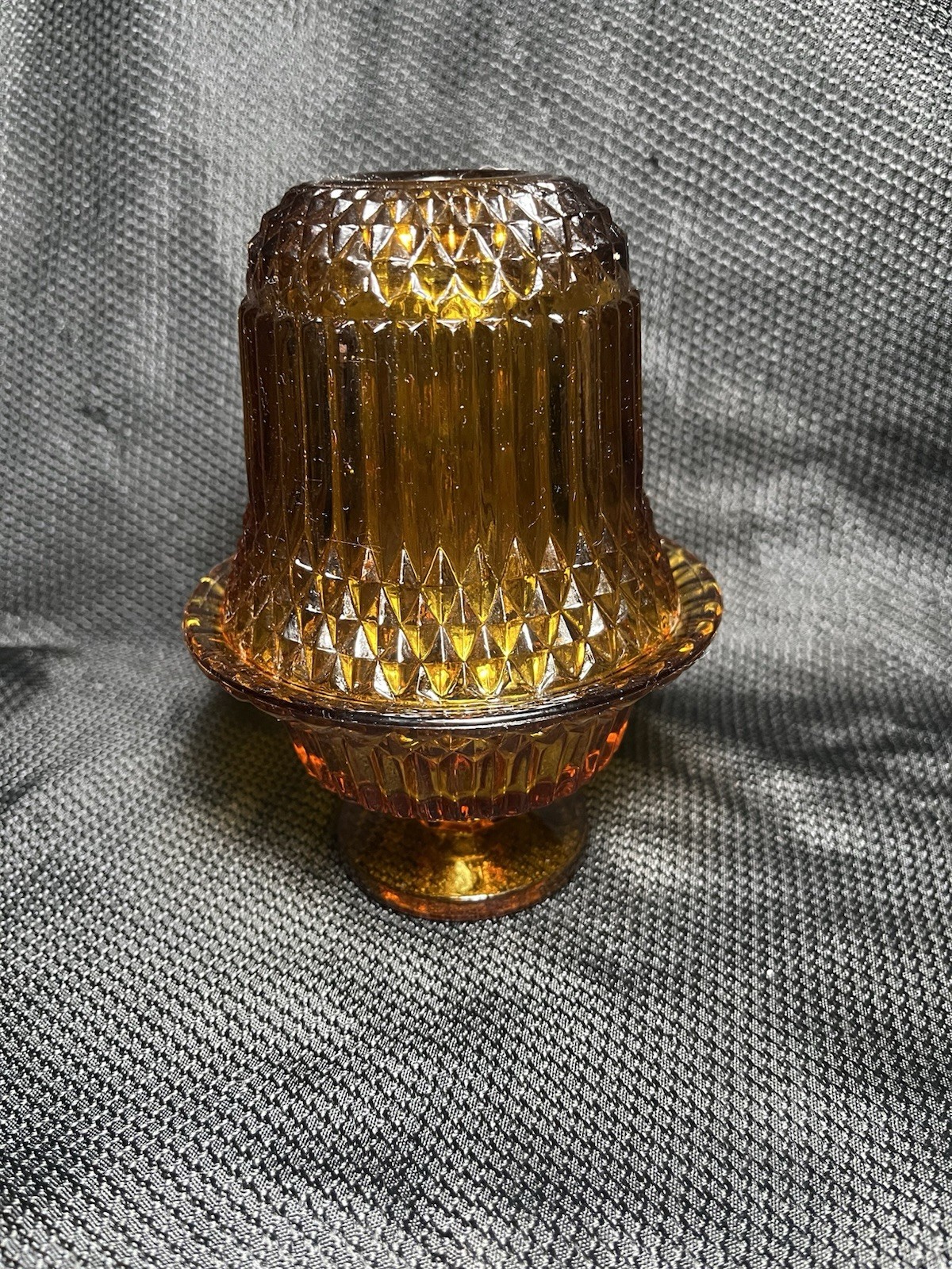 Indiana Glass Diamond Point Amber Fairy Lamp Candleholder Vintage