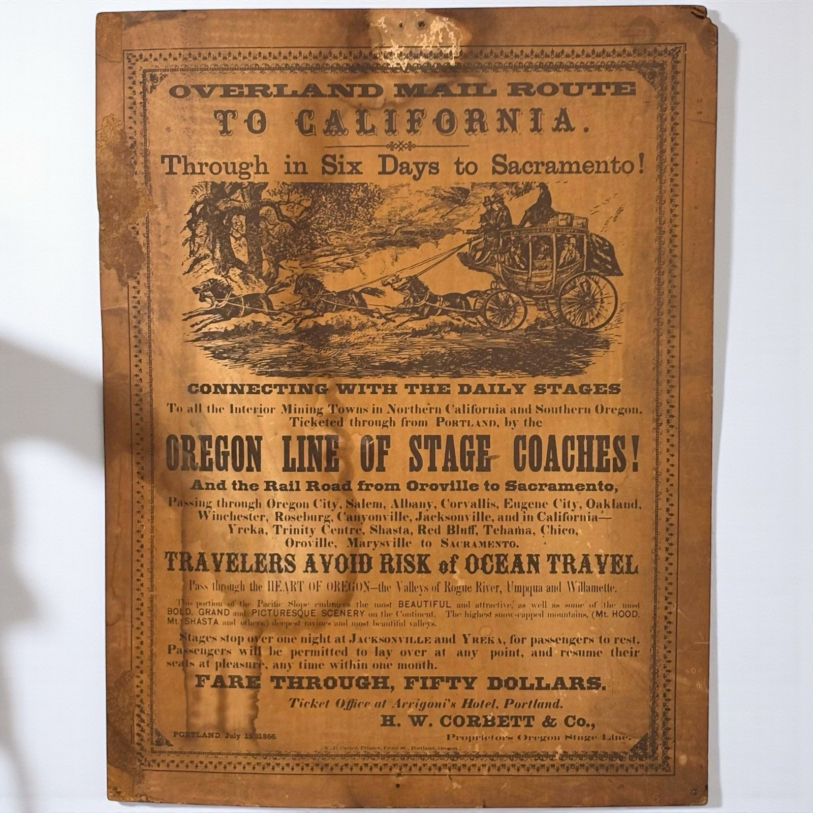 Antique 1866 Stagecoach Overland Mail Western Railroad Mining Broadside Sign