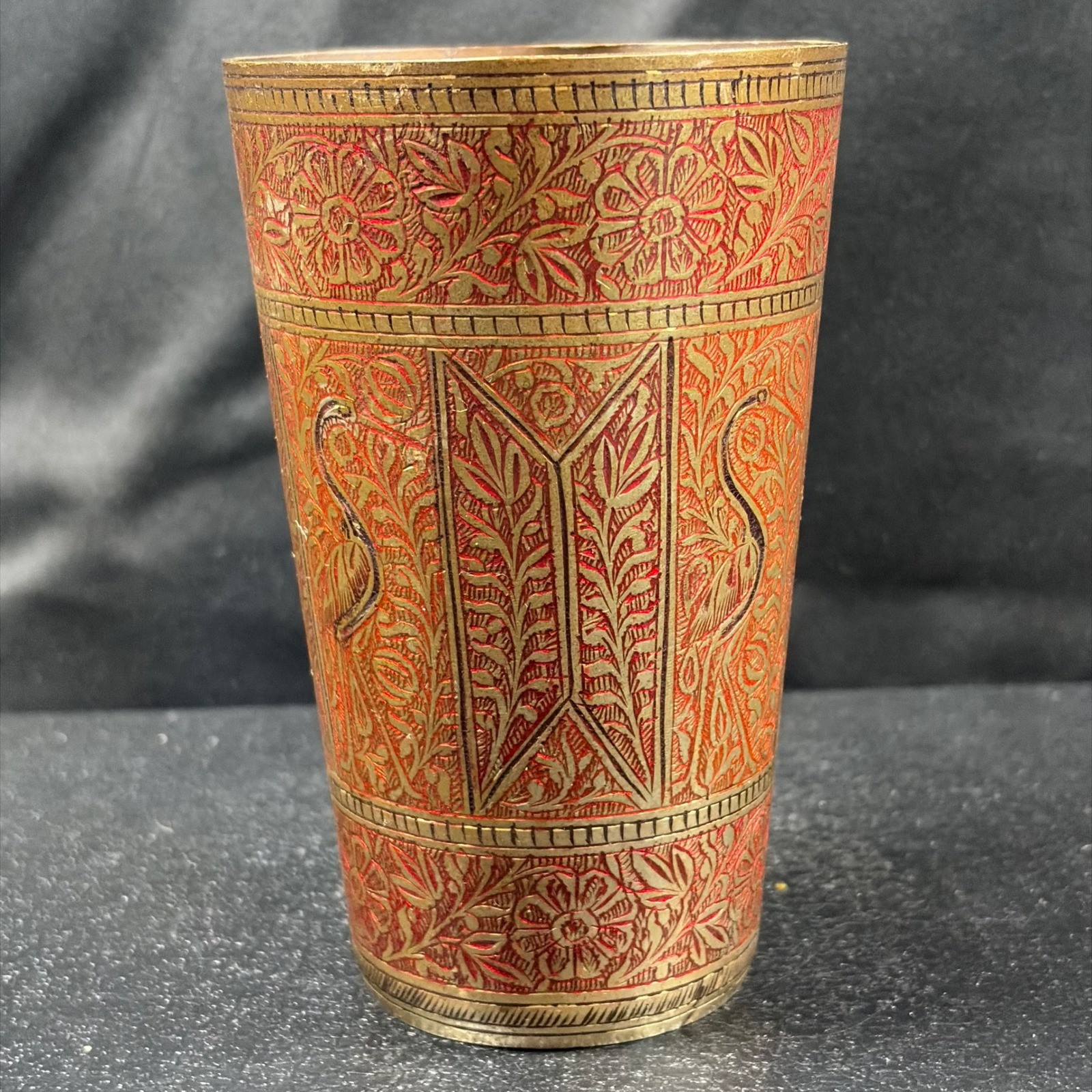 Vintage Indian Etched Brass Red Enamel Peacock Floral Tumbler Vase 5 Inch