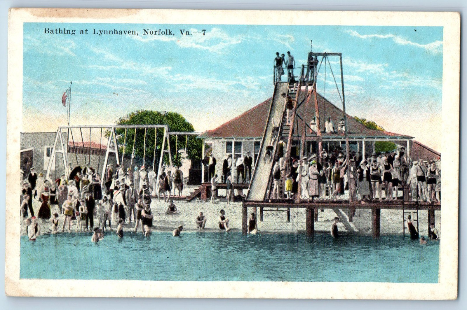 1920 Norfolk Virginia Vintage Postcard Bathing Lynnhaven Swimming Slides Beach