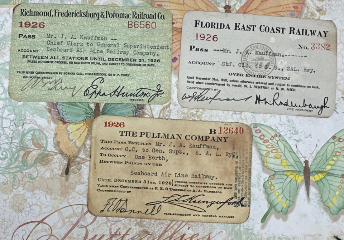 1926 Railroad Pass Lot - Pullman Company, Florida East Coast, RF&P Railway
