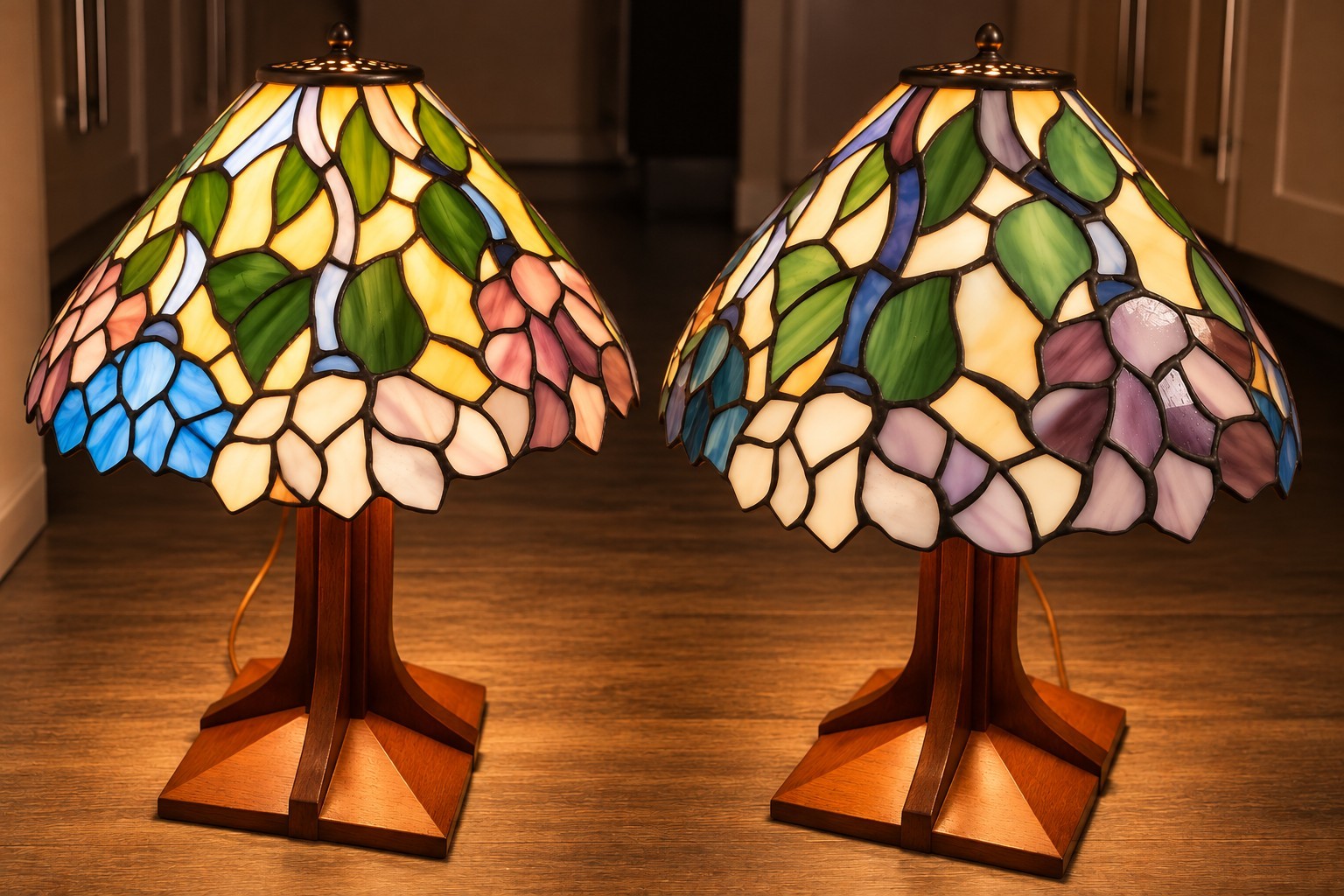 Pair of Tiffany-Style Floral Stained Glass Lamp Shades – 14