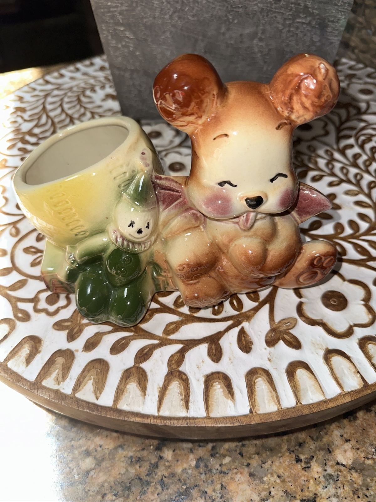 American Bisque Planter Toys Bear Clown Baseball Ceramic Pot Brown Green Vntg B4