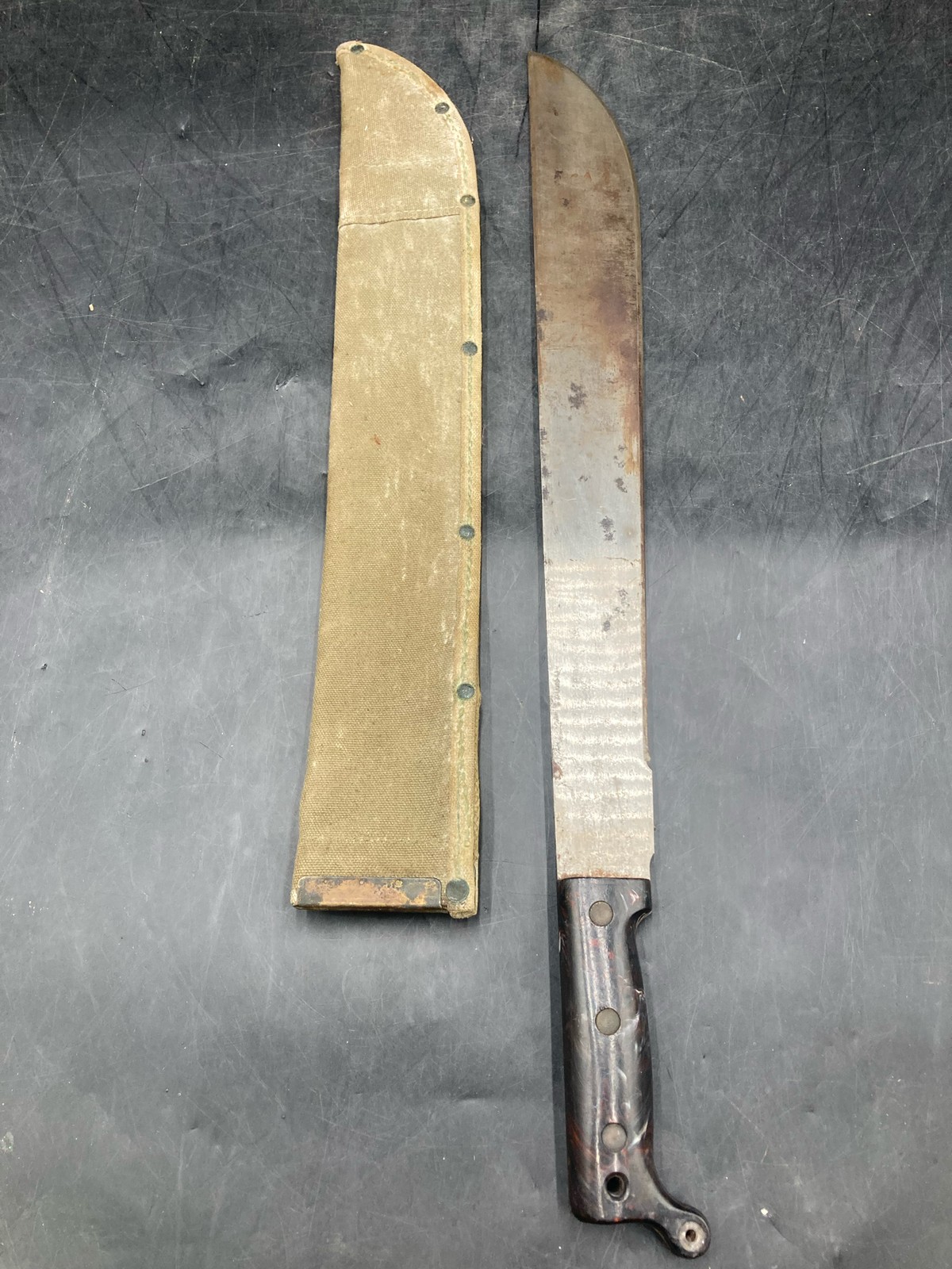 Unmarked 1943 US SWI Machete w/ 1943 Meese Canvas Scabbard Unmarked 1943 US SWI Machete w/ 1943 Meese Canvas Scabbard