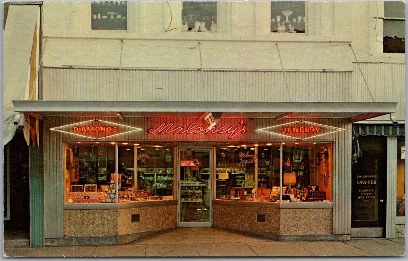 c1960s PORTAGE, Wisconsin Postcard MALONEY\'S JEWELRY STORE / Street View UNUSED