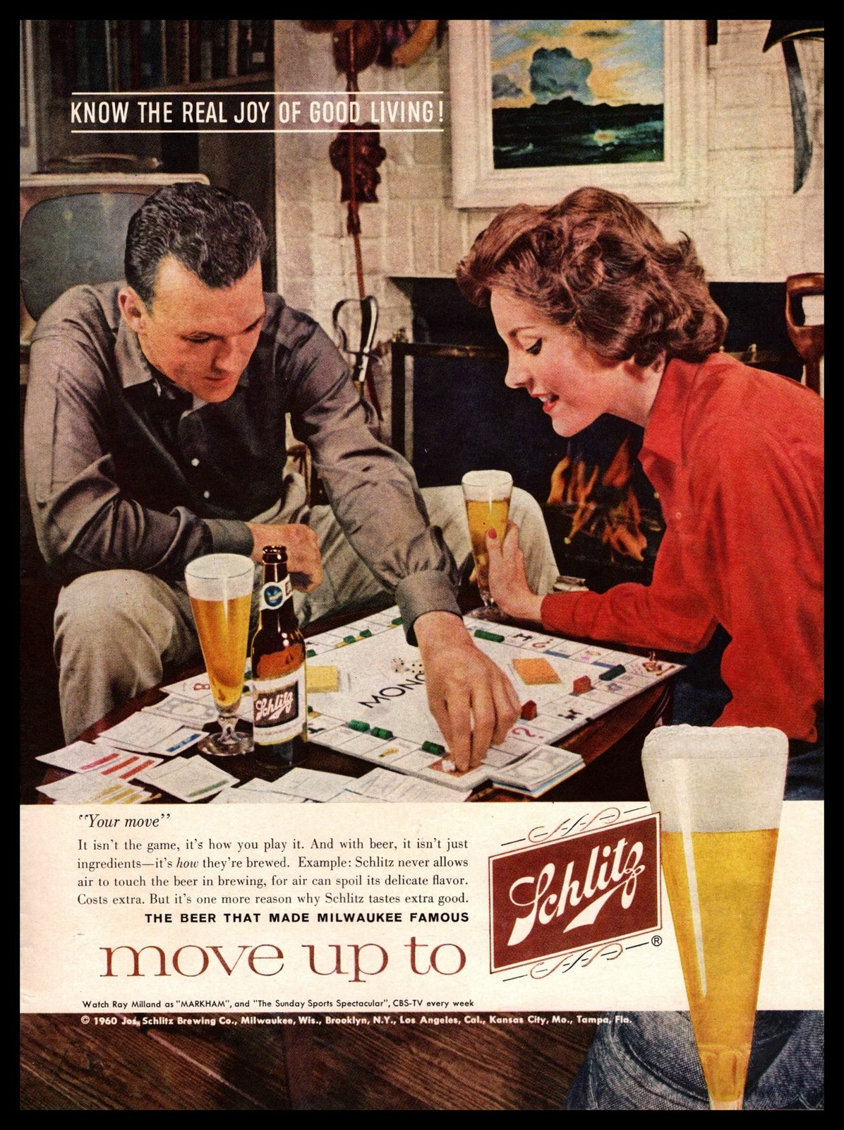 1960 Monopoly Board Game Schlitz Beer MCM TV Set Living Room Vintage Print Ad 1960 Monopoly Board Game Schlitz Beer MCM TV Set Living Room Vintage Print Ad