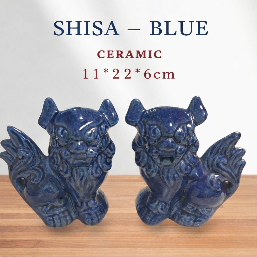 Rare Okinawan Shisa Pair Indigo Blue Ceramic Guardian Lions Lucky Charm Japan