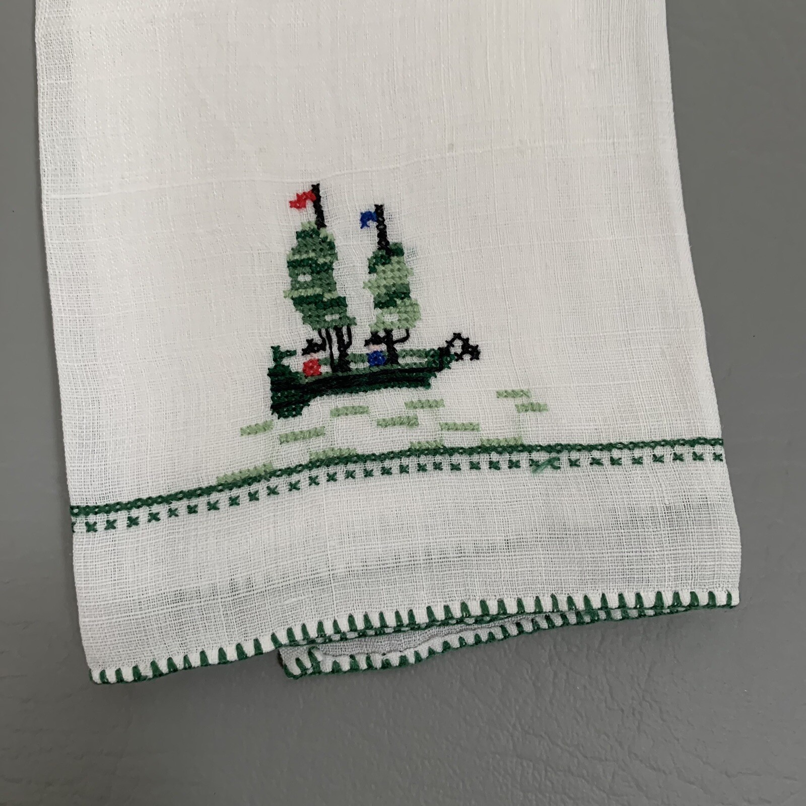 Vintage Hand Embroidered Ship Boat White Linen Tea Towel 9”x 14”