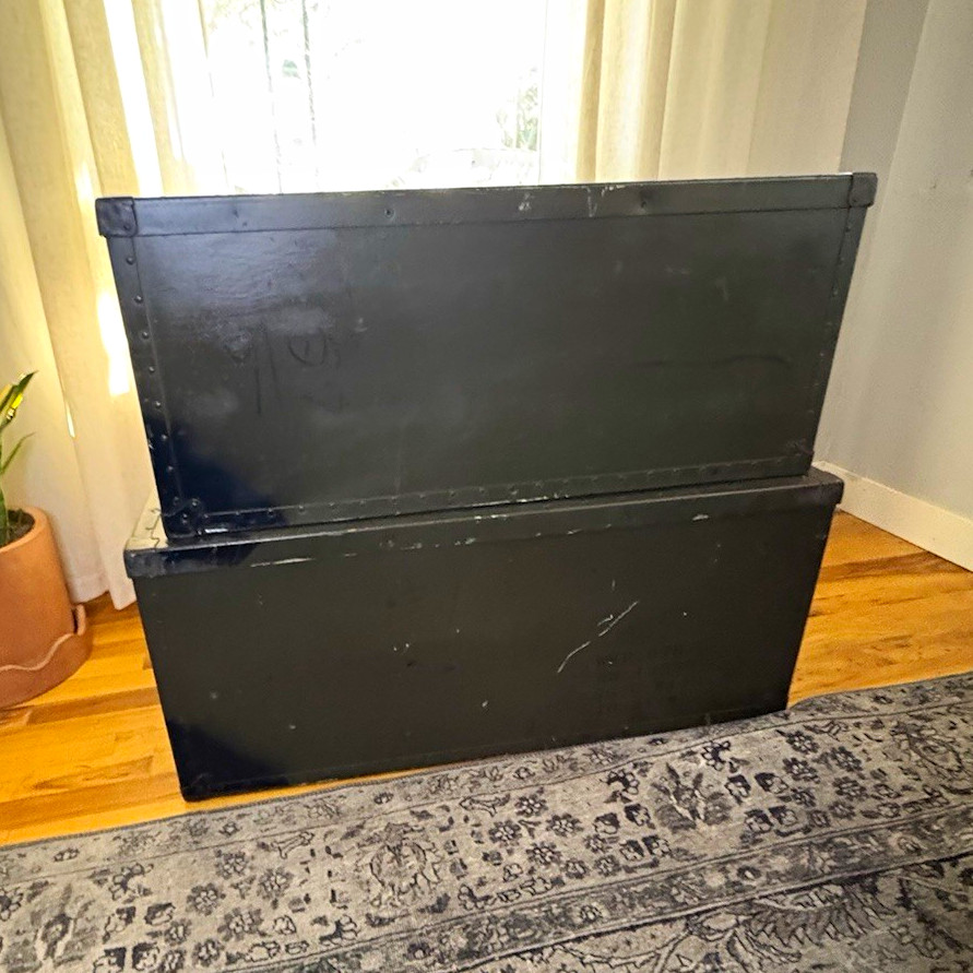 Pair of Authentic 1945 WWII Military Footlockers – Matching Trunk set