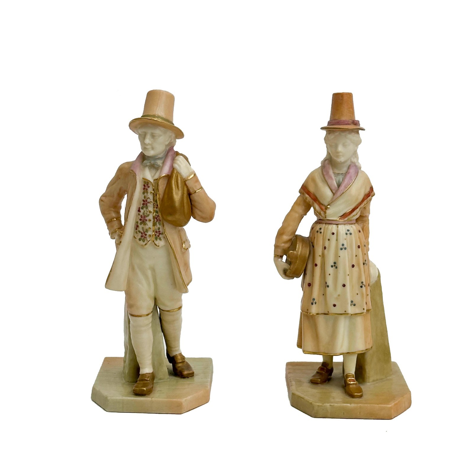 Pair Royal Worcester Porcelain Blush Ivory Figurines Man and Woman c1910