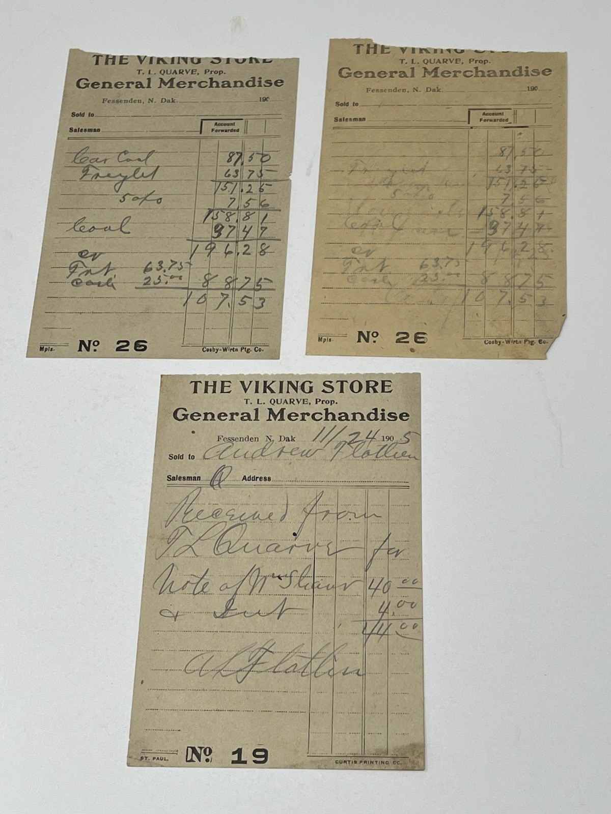1905 Viking Store Fessenden ND T L Quarve General Merchandise Receipts Lot