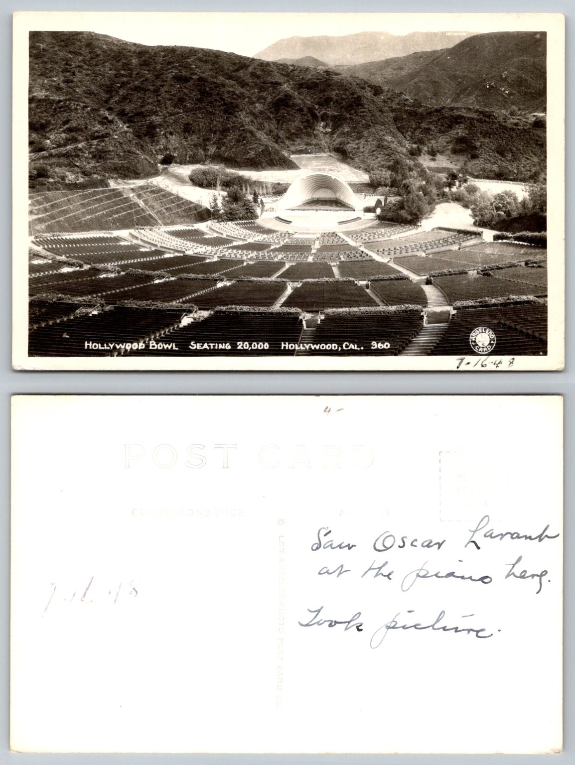 Hollywood Bowl RPPC Postcard 1948 Oscar Levant Piano Performance View