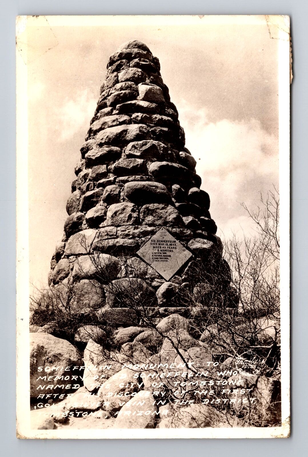 Tombstone AZ-Arizona, RPPC, Schieffelin Monument, Vintage c1945 Postcard
