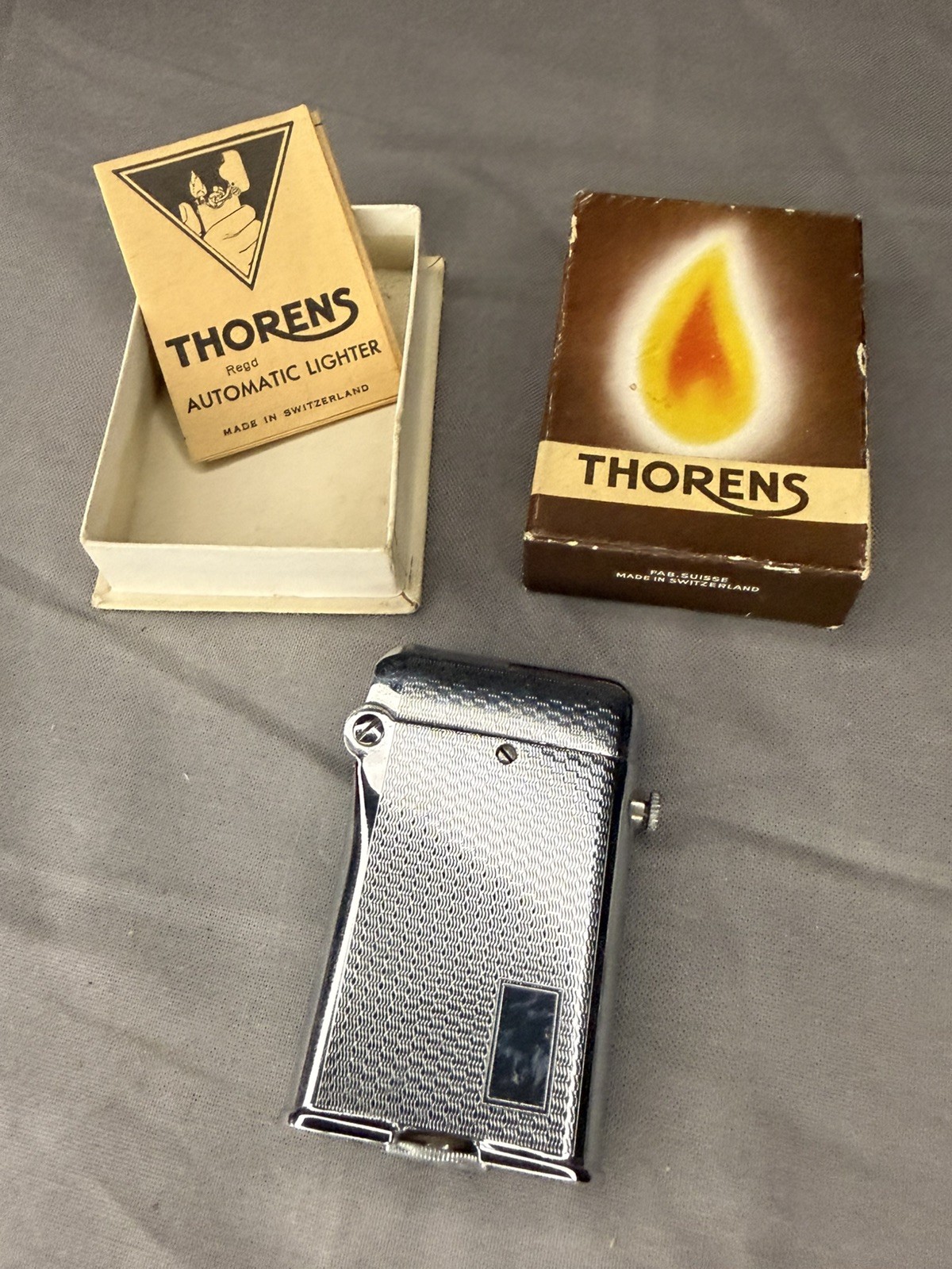 VINTAGE THORENS Mint in Box SWISS AUTOMATIC CHROME LIGHTER UNUSED 