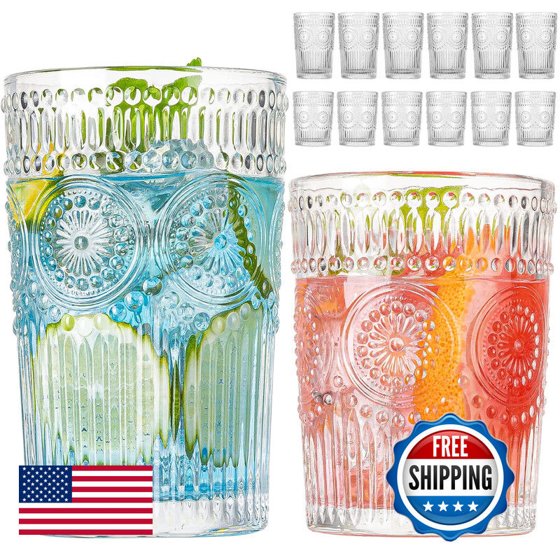 Wookgreat Vintage Drinking Glasses Set Of 12 Textured Clear Striped Glass