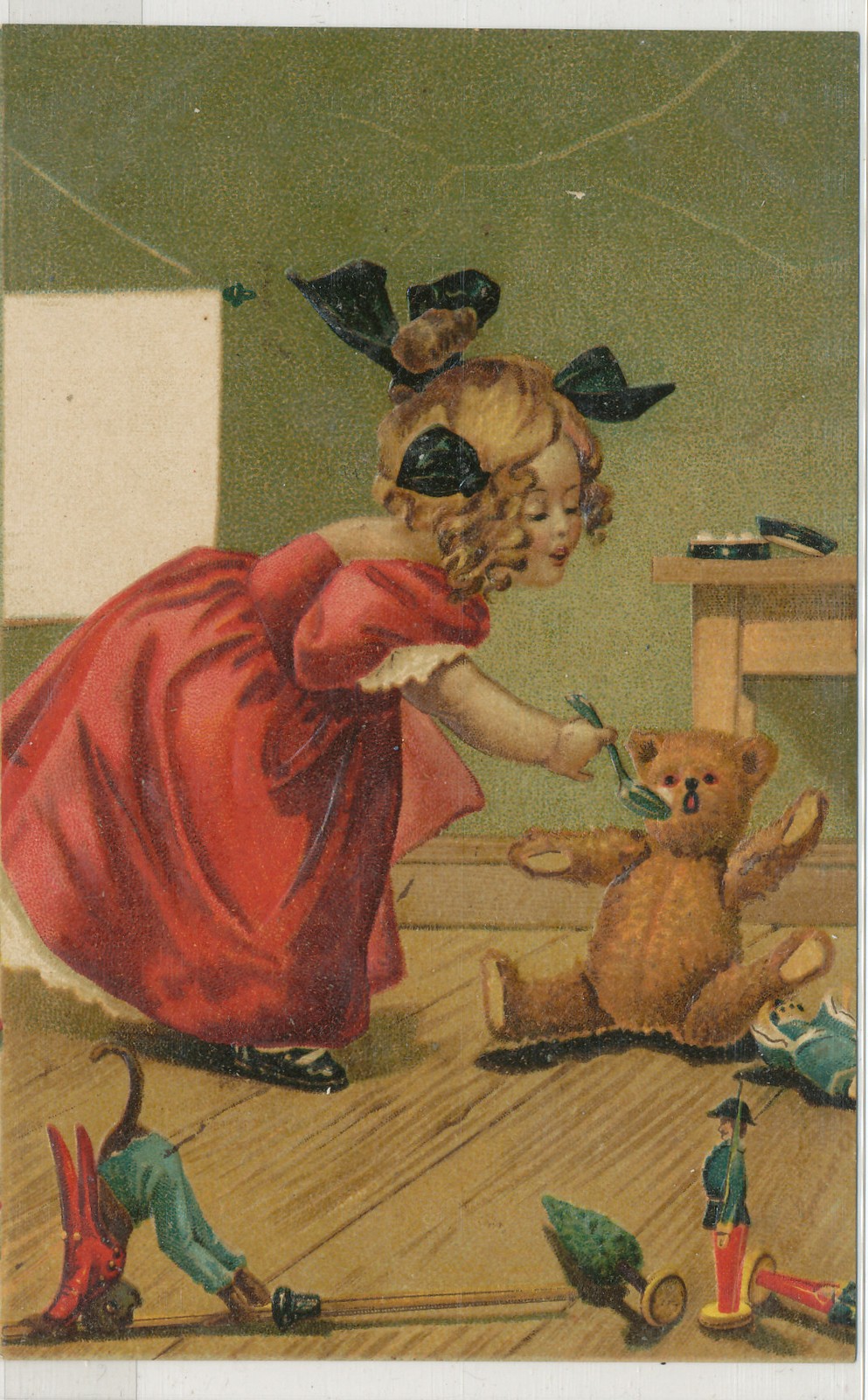 Adorable Young Girl with Toy Soldiers - Feeding a Teddy Bear - postcard 791