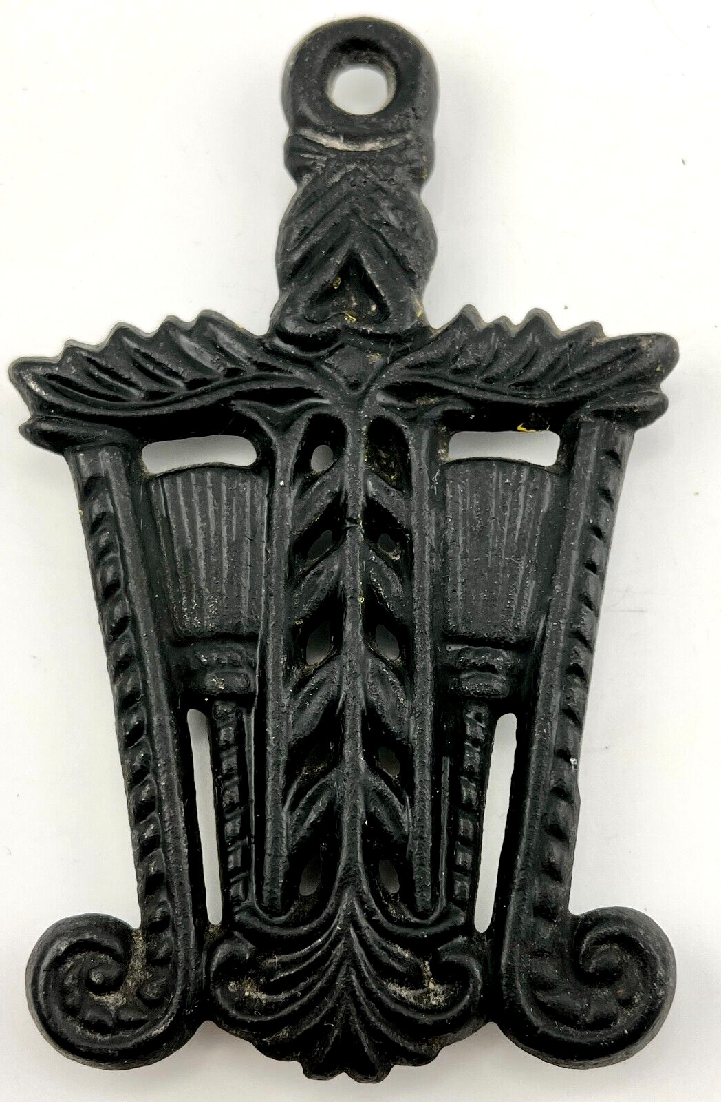 Vintage Black Cast Iron Footed Grain and Tassel Trivet 5.25 in