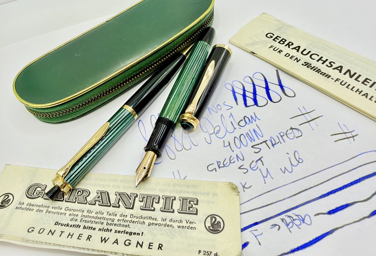 NOS 1956 PELIKAN 400NN & 450 GREEN STRIATED SET- Fountain Pen & Pencil-14k M Nib