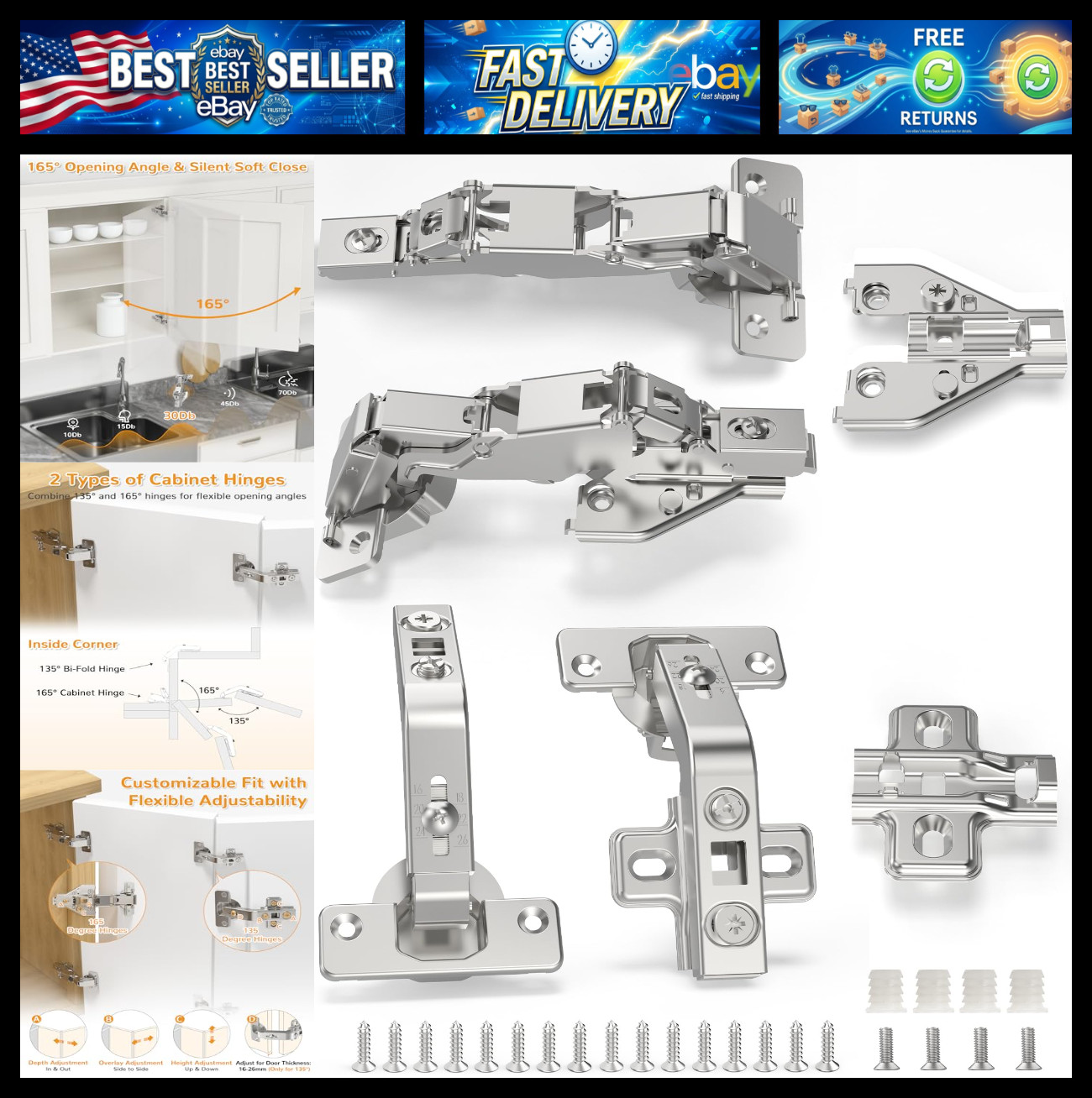2 Pair 135 Degree & 165 Degree Hinges Kit for Pie Corner Cabinets, Hidden Lazy S