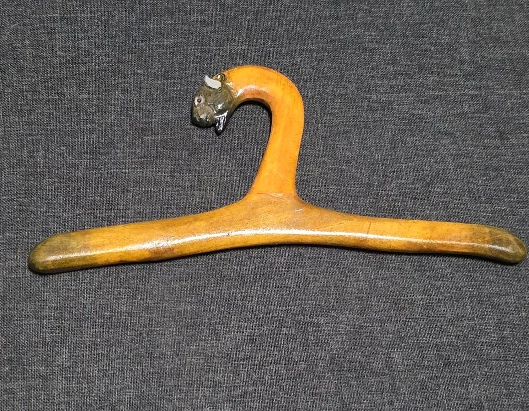 Vintage Hand Carved Wood Clothes Hanger Bull Buffalo Head Folk Art 11