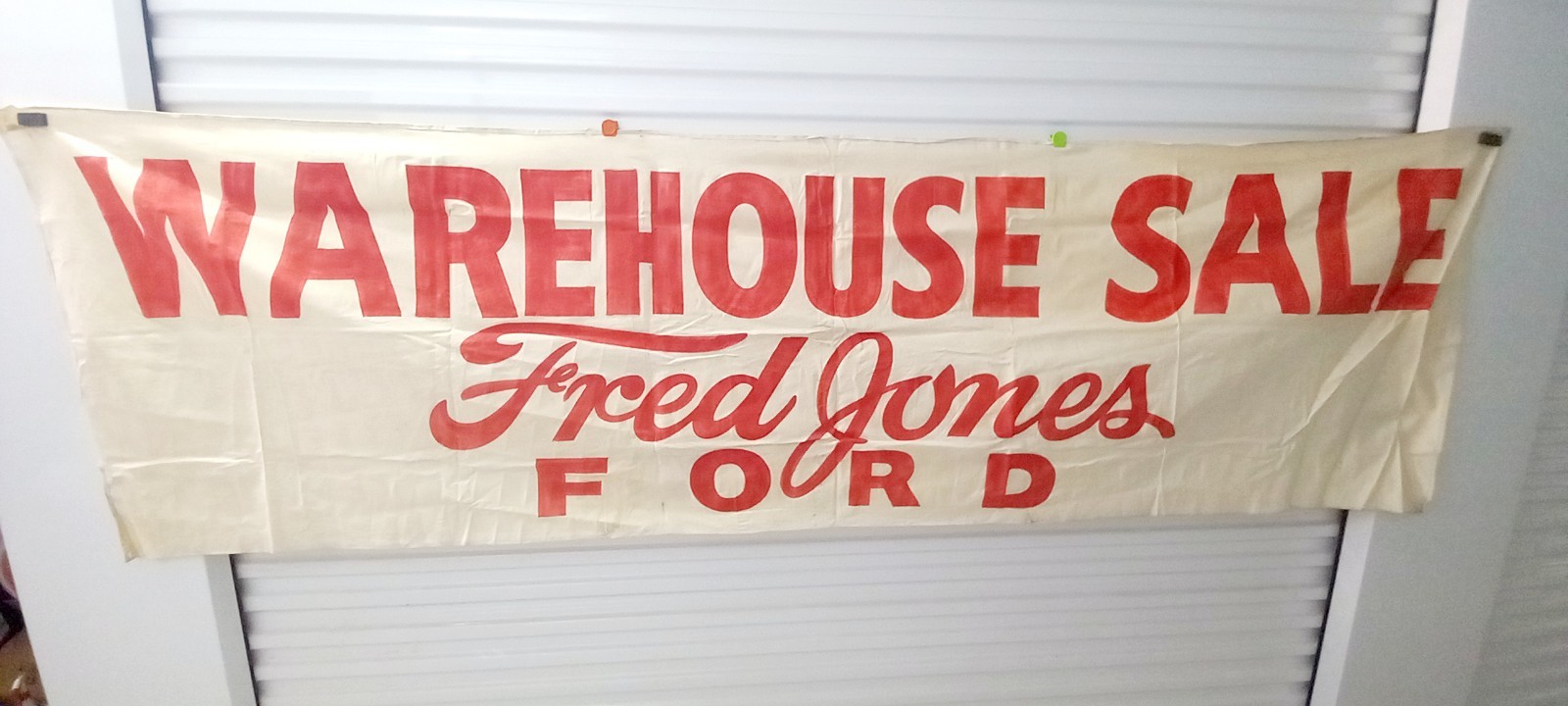 Vintage Fred Jones Ford Warehouse Sale Car Dealership Advertising Cloth Banner
