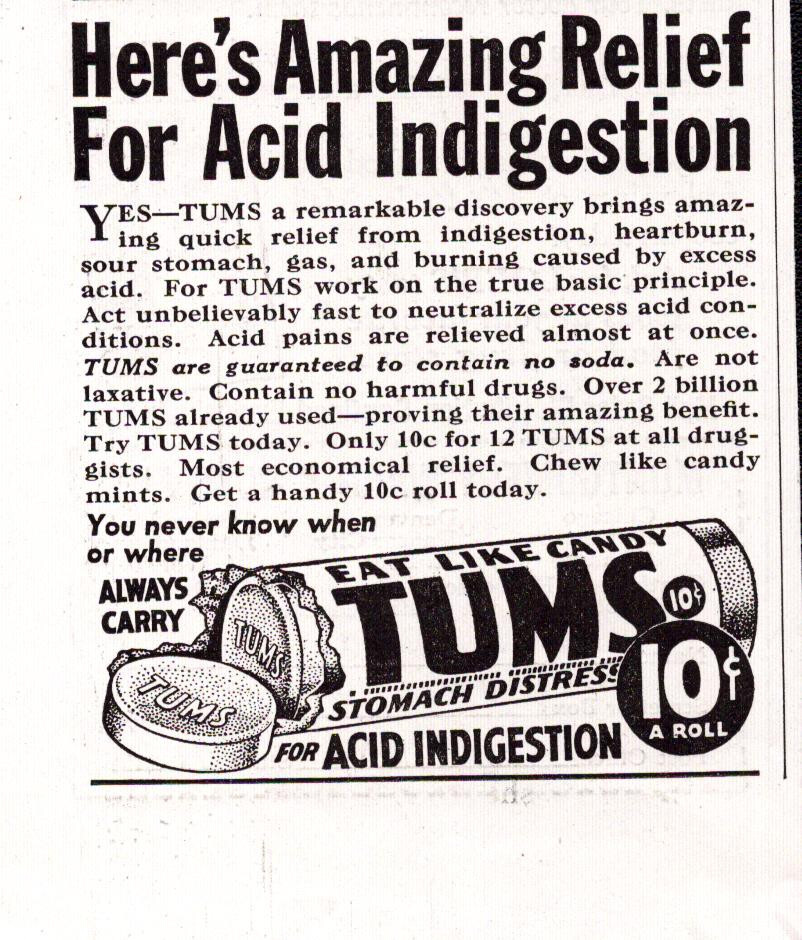 Vintage Print Ad c1938 Tums Stomach Acid Indigestion Relief