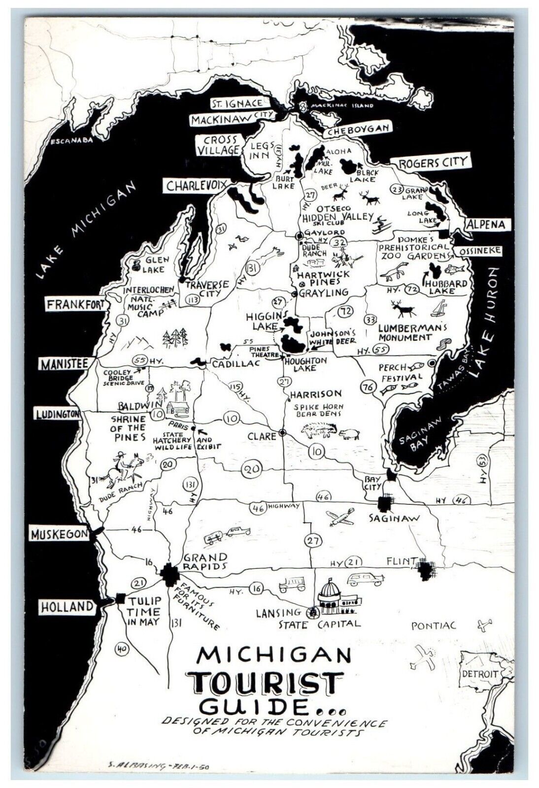 c1940's Michigan Tourist Guide Map Unposted Vintage RPPC Photo Postcard