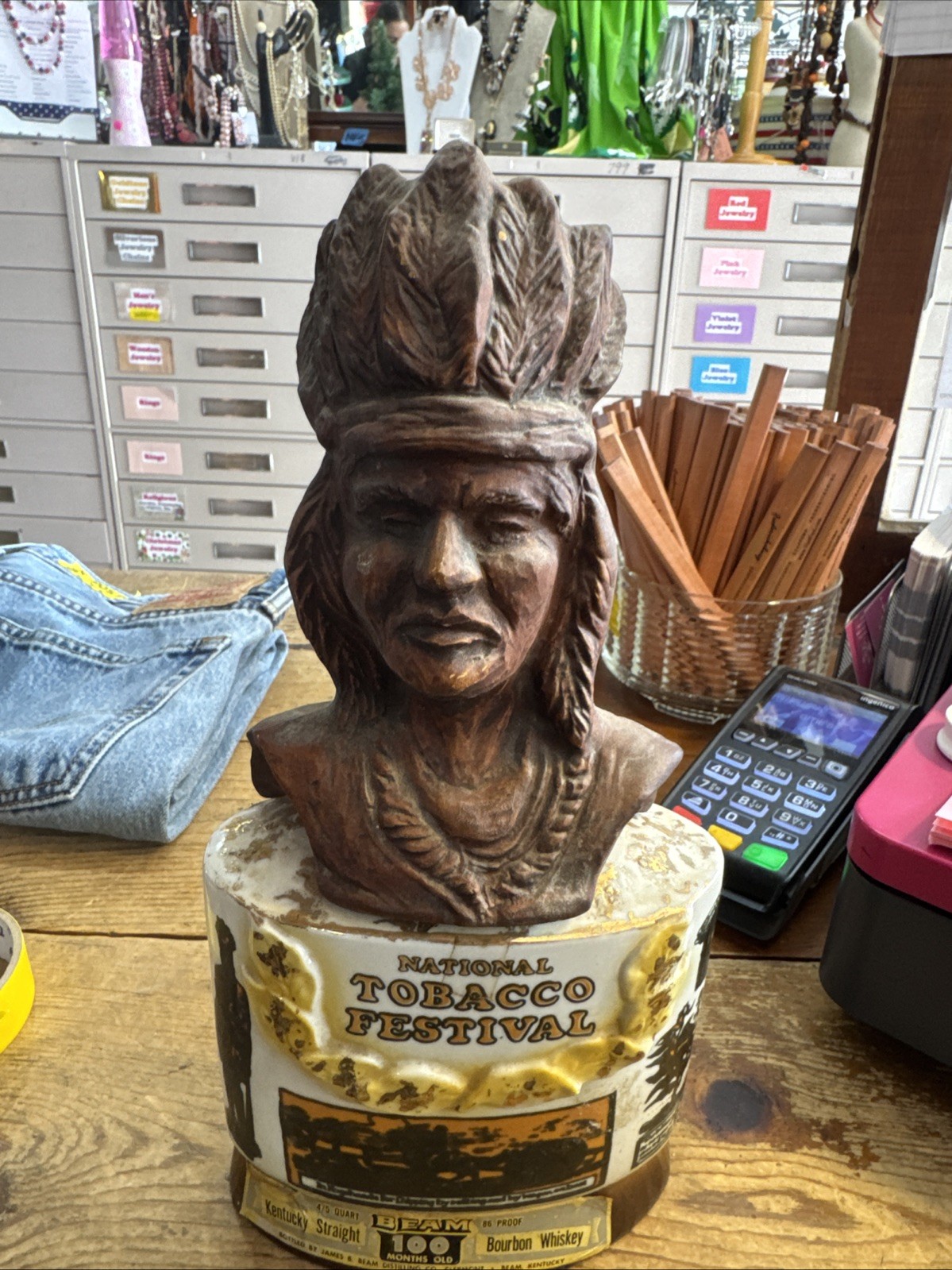 Vintage National Tobacco Festival Jim Beam Decanter with Chief Bust EMPTY 