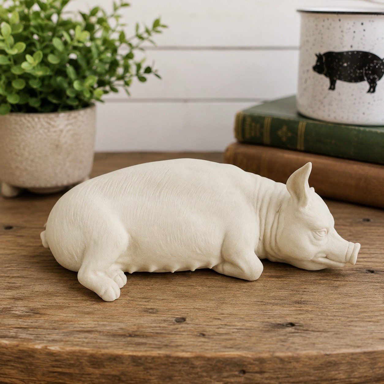 Vintage Bisque Porcelain Pig Figurine Lying Down Sleeping Farm Animal 5.5”