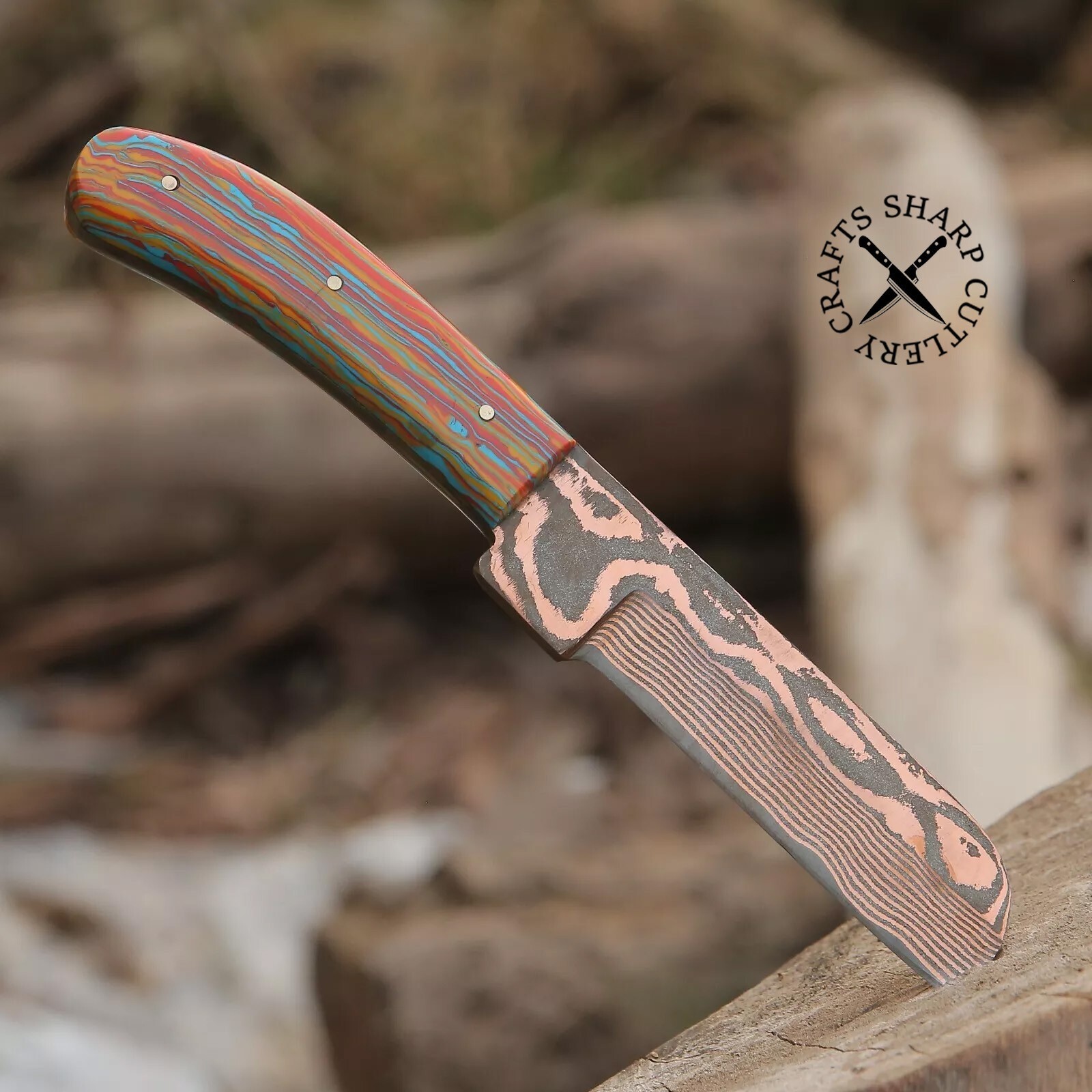 2 pic Beautiful Copper Custom Handmade Damascus 10 inches knife stone handle