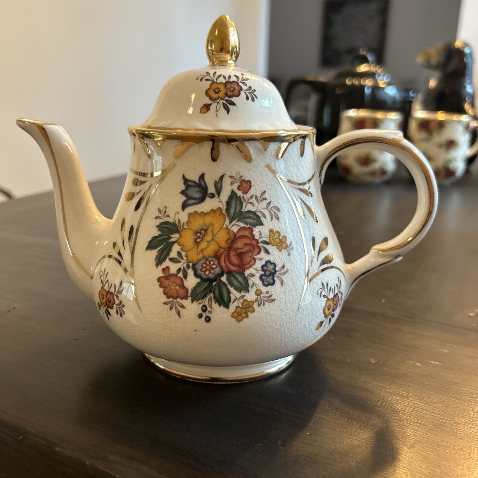 Vintage Author Wood Teapot Chrysanthemum Floral Gold Trim From England