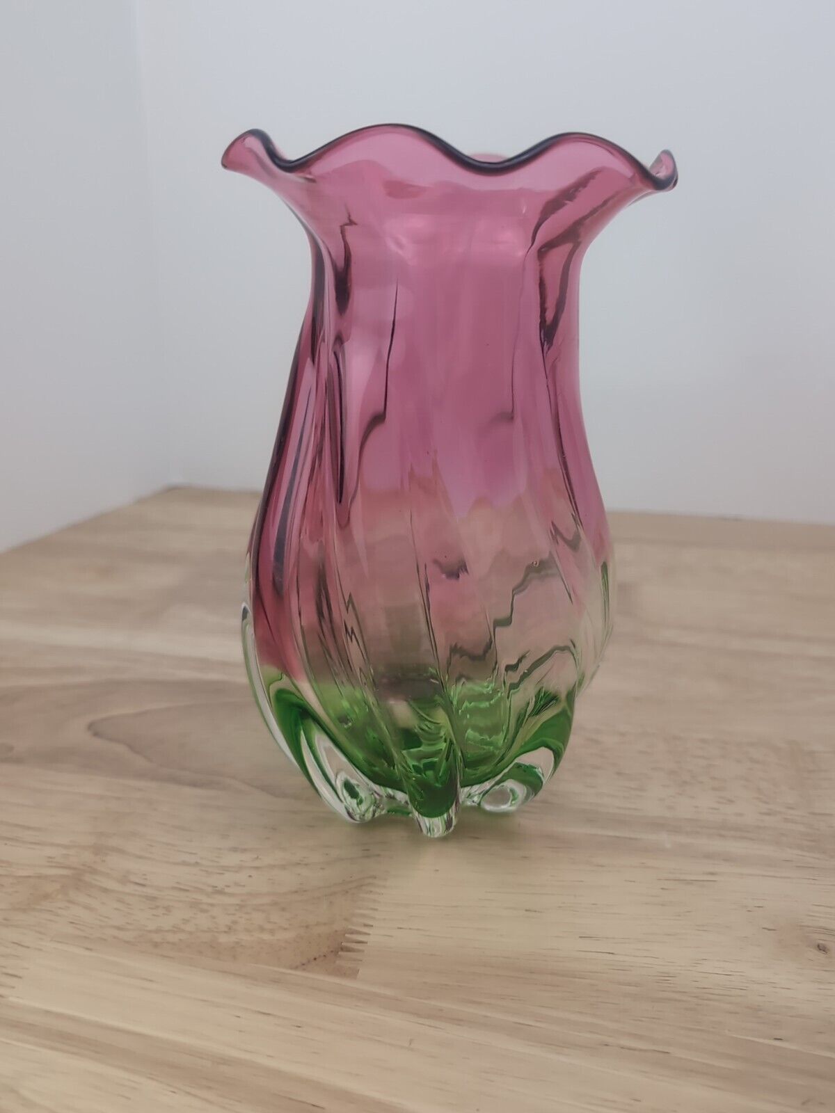 Vintage Hand Blown Art Glass Teleflora, Tulip Vase, Pink & Green